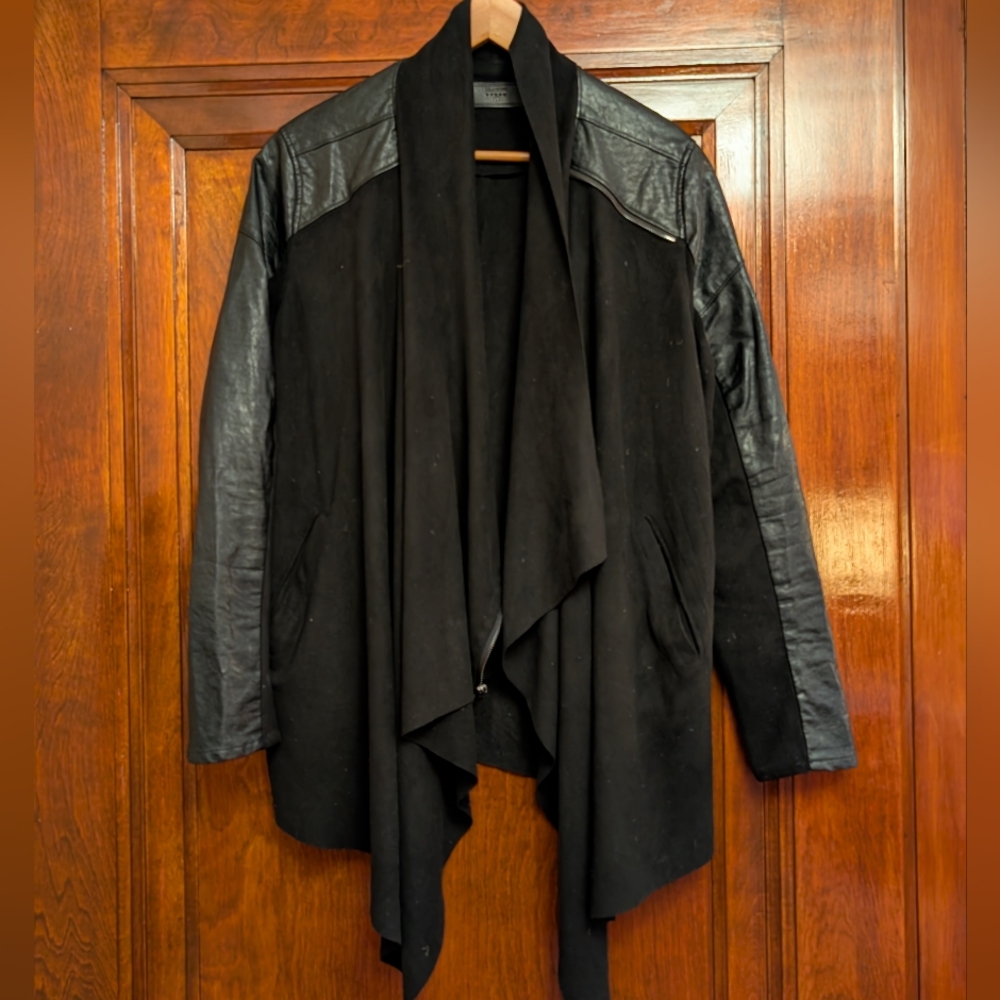 Women's Black Drape Blazer Jacket With Leather & Zipper Detail